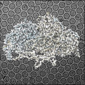 En el fondo, part&iacute;culas v&iacute;ricas del virus Rosellinia necatrix quadrivirus 1 (RnQV1) obtenidas por criomicroscop&iacute;a electr&oacute;nica en el criomicroscopio Talos Arctica del CNB. En el frente, estructura tridimensional (3,7 &Aring; de resoluci&oacute;n) de las prote&iacute;nas P2 (en amarillo) y P4 (en azul), que forman la c&aacute;psida del virus. 