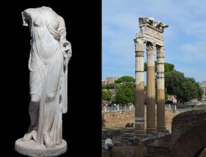 Venus Genetrix, goddess of motherhood in ancient Rome. To the right, Temple of Venus Genetrix in the Forum of Caesar, Rome